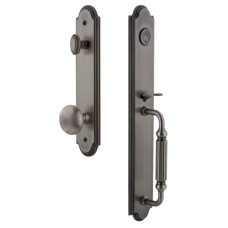 Grandeur Arc Solid Brass Rose Keyed Entry Single Cylinder Full Plate "F" Grip Handleset with Fifth Avenue Knob and 2-3/4" Backset Antique Pewter