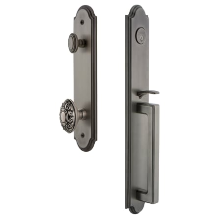 Grandeur Arc Solid Brass Rose Keyed Entry Single Cylinder Full Plate "D" Grip Handleset with Grande Victorian Knob and 2-3/4" Backset Antique Pewter