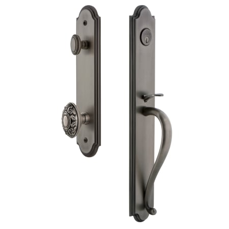 Grandeur Arc Solid Brass Rose Keyed Entry Single Cylinder Full Plate "S" Grip Handleset with Grande Victorian Knob and 2-3/8" Backset Antique Pewter
