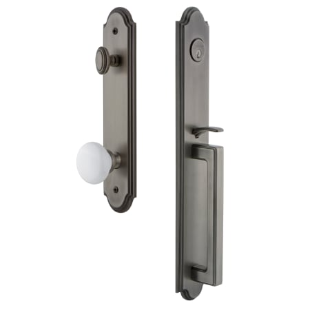 Grandeur Arc Solid Brass Rose Keyed Entry Single Cylinder Full Plate "D" Grip Handleset with Hyde Park Knob and 2-3/8" Backset Antique Pewter