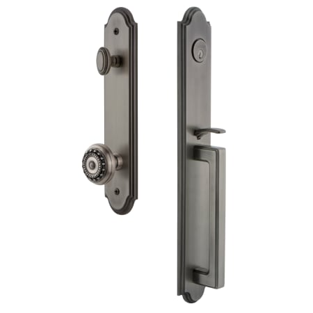 Grandeur Arc Solid Brass Rose Keyed Entry Single Cylinder Full Plate "D" Grip Handleset with Parthenon Knob and 2-3/8" Backset Antique Pewter