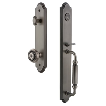 Grandeur Arc Solid Brass Rose Keyed Entry Single Cylinder Full Plate "F" Grip Handleset with Parthenon Knob and 2-3/8" Backset Antique Pewter