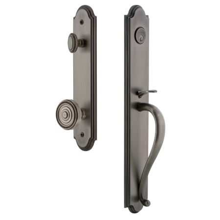 Grandeur Arc Solid Brass Rose Keyed Entry Single Cylinder Full Plate "S" Grip Handleset with Soleil Knob and 2-3/8" Backset Antique Pewter