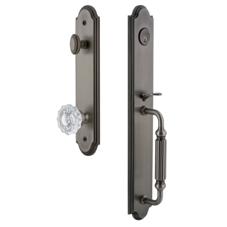Grandeur Arc Solid Brass Rose Keyed Entry Single Cylinder Full Plate "F" Grip Handleset with Versailles Crystal Knob and 2-3/8" Backset Antique Pewter