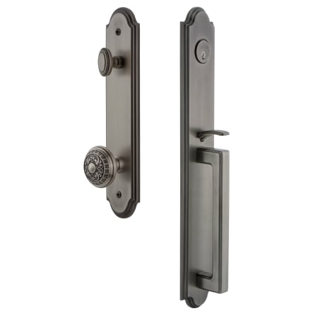 Grandeur Arc Solid Brass Rose Keyed Entry Single Cylinder Full Plate "D" Grip Handleset with Windsor Knob and 2-3/4" Backset Antique Pewter