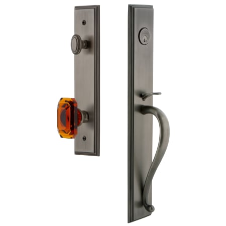 Grandeur Carre Solid Brass Rose Keyed Entry Single Cylinder Full Plate "S" Grip Handleset with Baguette Amber Crystal Knob and 2-3/4" Backset Antique Pewter