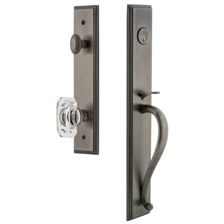 Grandeur Carre Solid Brass Rose Keyed Entry Single Cylinder Full Plate "S" Grip Handleset with Baguette Clear Crystal Knob and 2-3/4" Backset Antique Pewter