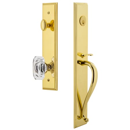 Grandeur Carre Solid Brass Rose Keyed Entry Single Cylinder Full Plate "S" Grip Handleset with Baguette Clear Crystal Knob and 2-3/8" Backset Lifetime Brass