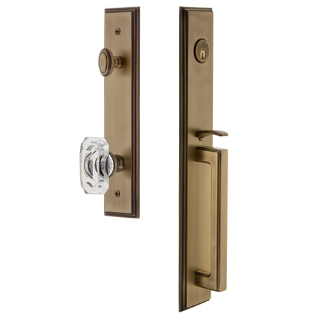 Grandeur Carre Solid Brass Rose Keyed Entry Single Cylinder Full Plate "D" Grip Handleset with Baguette Clear Crystal Knob and 2-3/4" Backset Vintage Brass