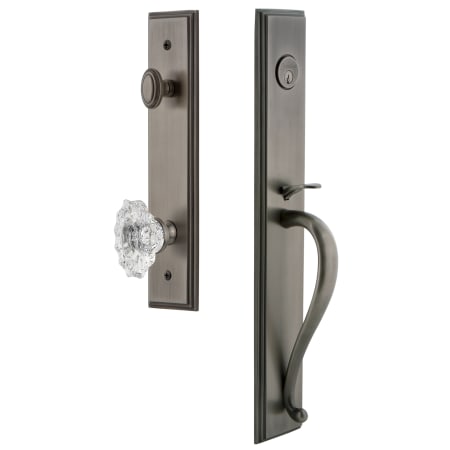 Grandeur Carre Solid Brass Rose Keyed Entry Single Cylinder Full Plate "S" Grip Handleset with Biarritz Crystal Knob and 2-3/4" Backset Antique Pewter