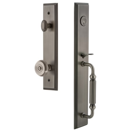 Grandeur Carre Solid Brass Rose Keyed Entry Single Cylinder Full Plate "F" Grip Handleset with Bouton Knob and 2-3/4" Backset Antique Pewter