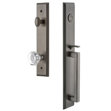 Grandeur Carre Solid Brass Rose Keyed Entry Single Cylinder Full Plate "D" Grip Handleset with Chambord Crystal Knob and 2-3/4" Backset Antique Pewter
