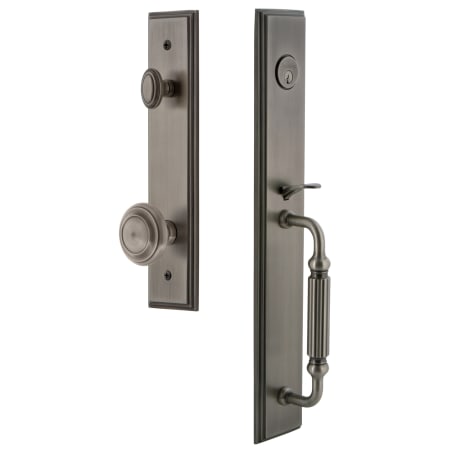 Grandeur Carre Solid Brass Rose Keyed Entry Single Cylinder Full Plate "F" Grip Handleset with Circulaire Knob and 2-3/8" Backset Antique Pewter