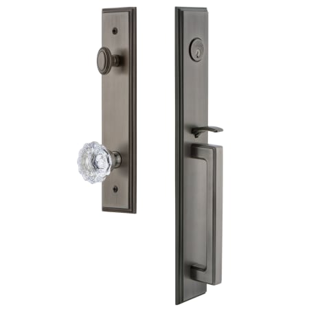 Grandeur Carre Solid Brass Rose Keyed Entry Single Cylinder Full Plate "D" Grip Handleset with Fontainebleau Crystal Knob and 2-3/4" Backset Antique Pewter