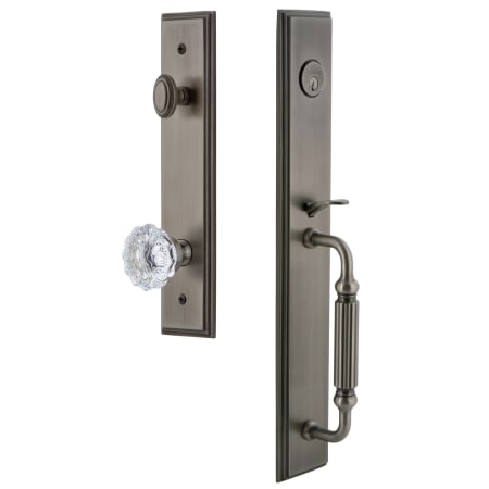 Grandeur Carre Solid Brass Rose Keyed Entry Single Cylinder Full Plate "F" Grip Handleset with Fontainebleau Crystal Knob and 2-3/4" Backset Antique Pewter
