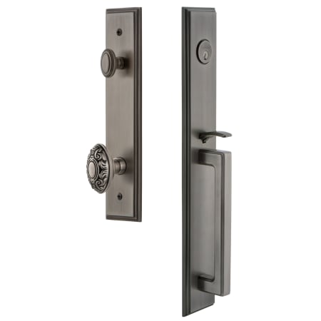 Grandeur Carre Solid Brass Rose Keyed Entry Single Cylinder Full Plate "D" Grip Handleset with Grande Victorian Knob and 2-3/8" Backset Antique Pewter