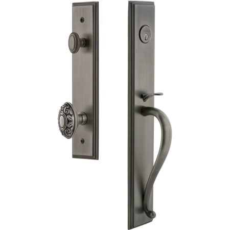 Grandeur Carre Solid Brass Rose Keyed Entry Single Cylinder "S" Grip Handleset with Grande Victorian Knob and 2-3/4" Backset Antique Pewter