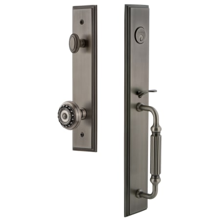 Grandeur Carre Solid Brass Rose Keyed Entry Single Cylinder Full Plate "F" Grip Handleset with Parthenon Knob and 2-3/4" Backset Antique Pewter