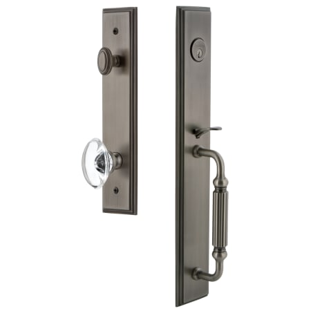 Grandeur Carre Solid Brass Rose Keyed Entry Single Cylinder Full Plate "F" Grip Handleset with Provence Crystal Knob and 2-3/8" Backset Antique Pewter
