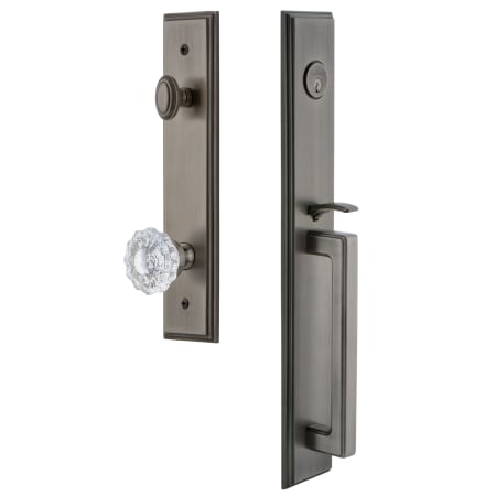 Grandeur Carre Solid Brass Rose Keyed Entry Single Cylinder Full Plate "D" Grip Handleset with Versailles Crystal Knob and 2-3/4" Backset Antique Pewter