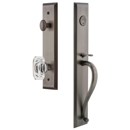 Grandeur Fifth Avenue Solid Brass Rose Keyed Entry Single Cylinder Full Plate "S" Grip Handleset with Baguette Clear Crystal Knob and 2-3/8" Backset Antique Pewter
