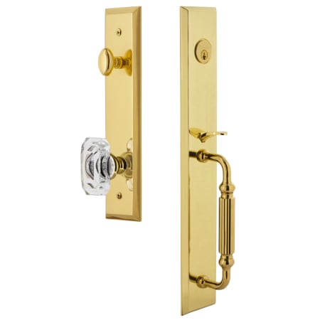 Grandeur Fifth Avenue Solid Brass Rose Keyed Entry Single Cylinder Full Plate "F" Grip Handleset with Baguette Clear Crystal Knob and 2-3/4" Backset Lifetime Brass