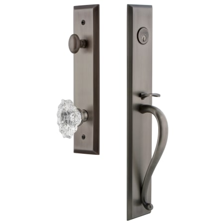 Grandeur Fifth Avenue Solid Brass Rose Keyed Entry Single Cylinder Full Plate "S" Grip Handleset with Biarritz Crystal Knob and 2-3/8" Backset Antique Pewter