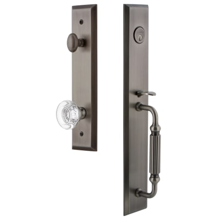 Grandeur Fifth Avenue Solid Brass Rose Keyed Entry Single Cylinder Full Plate "F" Grip Handleset with Bordeaux Crystal Knob and 2-3/8" Backset Antique Pewter