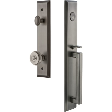 Grandeur Fifth Avenue Solid Brass Rose Keyed Entry Single Cylinder "D" Grip Handleset with Bouton Knob and 2-3/8" Backset Antique Pewter