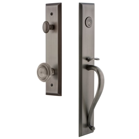 Grandeur Fifth Avenue Solid Brass Rose Keyed Entry Single Cylinder Full Plate "S" Grip Handleset with Circulaire Knob and 2-3/8" Backset Antique Pewter