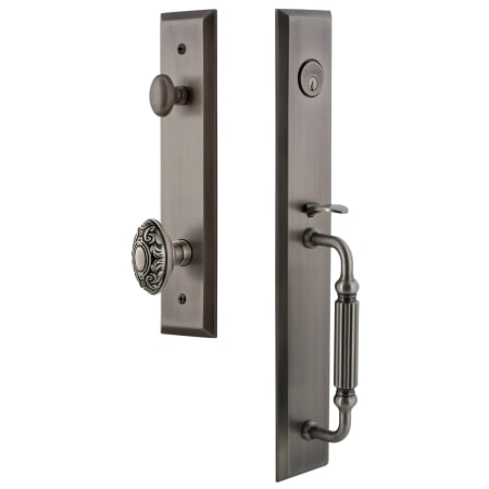 Grandeur Fifth Avenue Solid Brass Rose Keyed Entry Single Cylinder Full Plate "F" Grip Handleset with Grande Victorian Knob and 2-3/4" Backset Antique Pewter