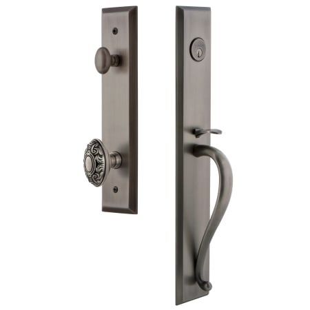 Grandeur Fifth Avenue Solid Brass Rose Keyed Entry Single Cylinder Full Plate "S" Grip Handleset with Grande Victorian Knob and 2-3/8" Backset Antique Pewter