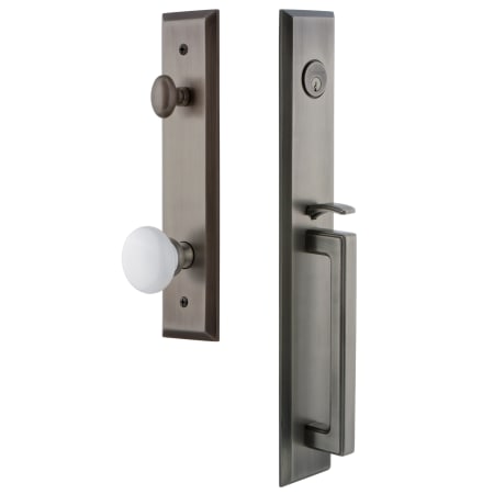 Grandeur Fifth Avenue Solid Brass Rose Keyed Entry Single Cylinder Full Plate "D" Grip Handleset with Hyde Park Knob and 2-3/8" Backset Antique Pewter