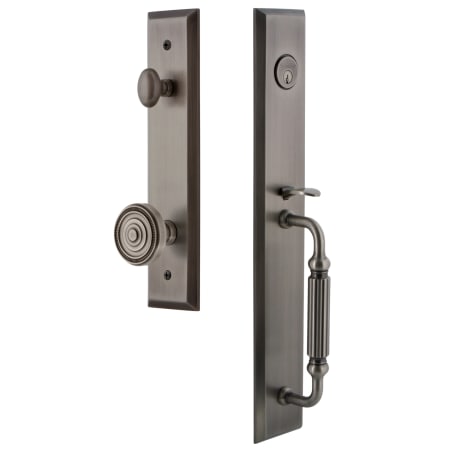 Grandeur Fifth Avenue Solid Brass Rose Keyed Entry Single Cylinder Full Plate "F" Grip Handleset with Soleil Knob and 2-3/8" Backset Antique Pewter