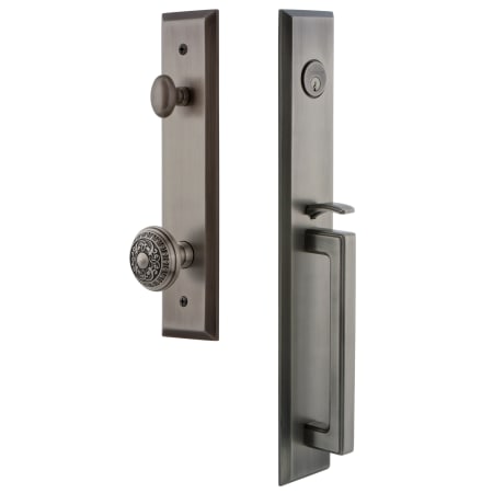 Grandeur Fifth Avenue Solid Brass Rose Keyed Entry Single Cylinder Full Plate "D" Grip Handleset with Windsor Knob and 2-3/4" Backset Antique Pewter