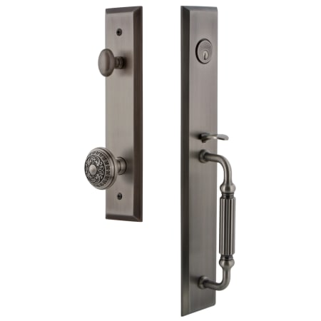 Grandeur Fifth Avenue Solid Brass Rose Keyed Entry Single Cylinder Full Plate "F" Grip Handleset with Windsor Knob and 2-3/4" Backset Antique Pewter