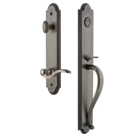 Grandeur Arc Solid Brass Rose Left Handed Keyed Entry Single Cylinder Full Plate "S" Grip Handleset with Bellagio Lever and 2-3/4" Backset Antique Pewter