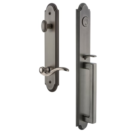 Grandeur Arc Solid Brass Rose Left Handed Keyed Entry Single Cylinder Full Plate "D" Grip Handleset with Bellagio Lever and 2-3/8" Backset Antique Pewter