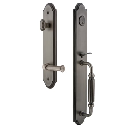 Grandeur Arc Solid Brass Rose Left Handed Keyed Entry Single Cylinder Full Plate "F" Grip Handleset with Georgetown Lever and 2-3/8" Backset Antique Pewter