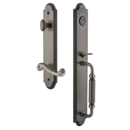 Grandeur Arc Solid Brass Rose Right Handed Keyed Entry Single Cylinder Full Plate "F" Grip Handleset with Newport Lever and 2-3/8" Backset Antique Pewter