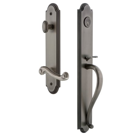 Grandeur Arc Solid Brass Rose Left Handed Keyed Entry Single Cylinder Full Plate "S" Grip Handleset with Newport Lever and 2-3/8" Backset Antique Pewter