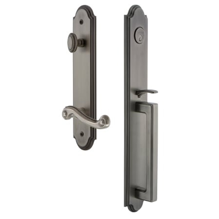 Grandeur Arc Solid Brass Rose Left Handed Keyed Entry Single Cylinder Full Plate "D" Grip Handleset with Newport Lever and 2-3/8" Backset Antique Pewter