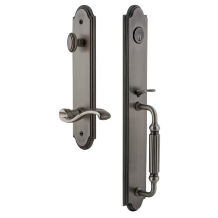 Grandeur Arc Solid Brass Rose Left Handed Keyed Entry Single Cylinder Full Plate "F" Grip Handleset with Portofino Lever and 2-3/8" Backset Antique Pewter