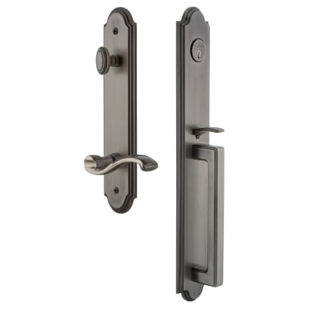 Grandeur Arc Solid Brass Rose Left Handed Keyed Entry Single Cylinder Full Plate "D" Grip Handleset with Portofino Lever and 2-3/8" Backset Antique Pewter