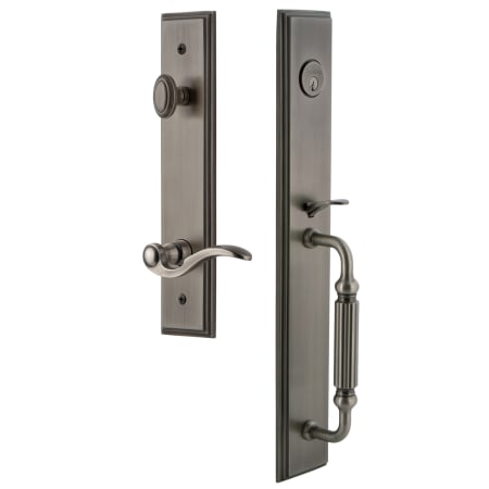 Grandeur Carre Solid Brass Rose Right Handed Keyed Entry Single Cylinder Full Plate "F" Grip Handleset with Bellagio Lever and 2-3/4" Backset Antique Pewter