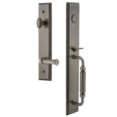 Grandeur Carre Solid Brass Rose Right Handed Keyed Entry Single Cylinder Full Plate "F" Grip Handleset with Georgetown Lever and 2-3/8" Backset Antique Pewter