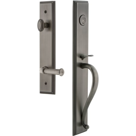Grandeur Carre Solid Brass Rose Left Handed Keyed Entry Single Cylinder "S" Grip Handleset with Georgetown Lever and 2-3/8" Backset Antique Pewter