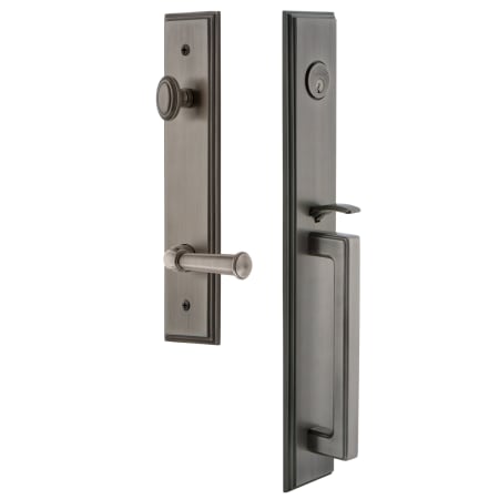 Grandeur Carre Solid Brass Rose Left Handed Keyed Entry Single Cylinder Full Plate "D" Grip Handleset with Georgetown Lever and 2-3/4" Backset Antique Pewter