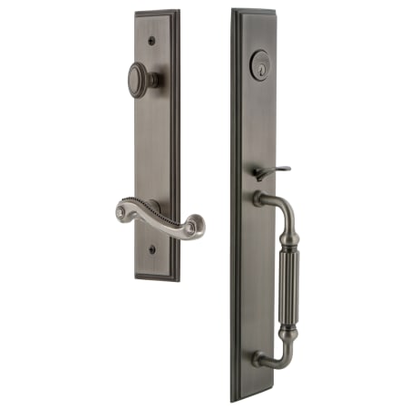 Grandeur Carre Solid Brass Rose Left Handed Keyed Entry Single Cylinder Full Plate "F" Grip Handleset with Newport Lever and 2-3/4" Backset Antique Pewter