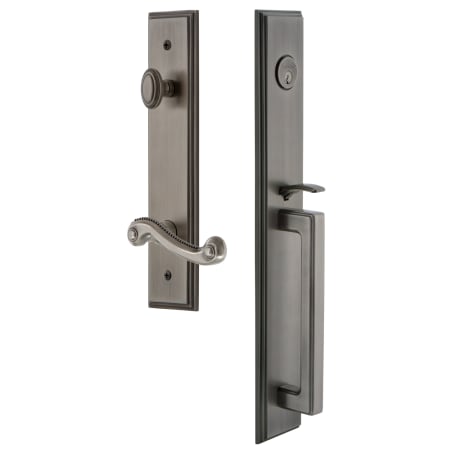 Grandeur Carre Solid Brass Rose Left Handed Keyed Entry Single Cylinder Full Plate "D" Grip Handleset with Newport Lever and 2-3/4" Backset Antique Pewter
